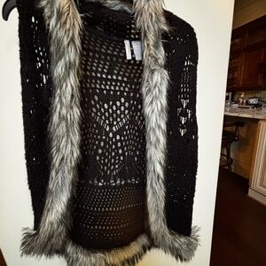 New Directions Black Crochet Sweater with Faux Fur Trim